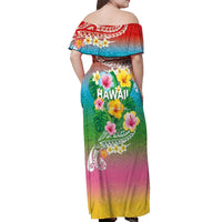 Hawaii Aloha Tropical Leaves and Flower Off Shoulder Maxi Dress with Polynesian Art Tattoo Rainbow Color - Polynesian Pride