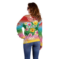 Hawaii Aloha Tropical Leaves and Flower Off Shoulder Sweater with Polynesian Art Tattoo Rainbow Color - Polynesian Pride