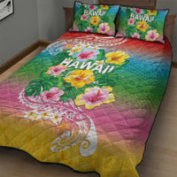 Hawaii Aloha Tropical Leaves and Flower Quilt Bed Set with Polynesian Art Tattoo Rainbow Color - Polynesian Pride