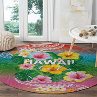 Hawaii Aloha Tropical Leaves and Flower Round Carpet with Polynesian Art Tattoo Rainbow Color - Polynesian Pride