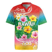 Hawaii Aloha Tropical Leaves and Flower Rugby Jersey with Polynesian Art Tattoo Rainbow Color LT03 Rainbow - Polynesian Pride