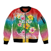 Hawaii Aloha Tropical Leaves and Flower Sleeve Zip Bomber Jacket with Polynesian Art Tattoo Rainbow Color - Polynesian Pride
