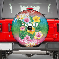 Hawaii Aloha Tropical Leaves and Flower Spare Tire Cover with Polynesian Art Tattoo Rainbow Color - Polynesian Pride