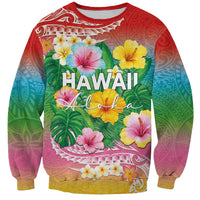 Hawaii Aloha Tropical Leaves and Flower Sweatshirt with Polynesian Art Tattoo Rainbow Color LT03 Unisex Rainbow - Polynesian Pride