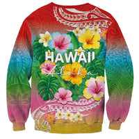 Hawaii Aloha Tropical Leaves and Flower Sweatshirt with Polynesian Art Tattoo Rainbow Color LT03 - Polynesian Pride