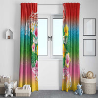 Hawaii Aloha Tropical Leaves and Flower Window Curtain with Polynesian Art Tattoo Rainbow Color - Polynesian Pride