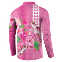 Hawaii Aloha Turtle Hibiscus and Leaves Button Sweatshirt with Polynesian and Kakau Tattoos Rose Color - Polynesian Pride