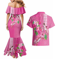 Hawaii Aloha Turtle Hibiscus and Leaves Couples Matching Mermaid Dress and Hawaiian Shirt with Polynesian and Kakau Tattoos Rose Color - Polynesian Pride