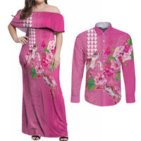 Hawaii Aloha Turtle Hibiscus and Leaves Couples Matching Off Shoulder Maxi Dress and Long Sleeve Button Shirt with Polynesian and Kakau Tattoos Rose Color - Polynesian Pride