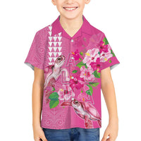 Hawaii Aloha Turtle Hibiscus and Leaves Family Matching Short Sleeve Bodycon Dress and Hawaiian Shirt with Polynesian and Kakau Tattoos Rose Color - Polynesian Pride