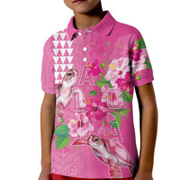 Hawaii Aloha Turtle Hibiscus and Leaves Kid Polo Shirt with Polynesian and Kakau Tattoos Rose Color - Polynesian Pride