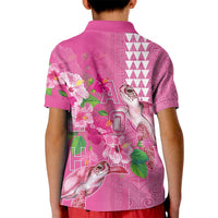 Hawaii Aloha Turtle Hibiscus and Leaves Kid Polo Shirt with Polynesian and Kakau Tattoos Rose Color - Polynesian Pride