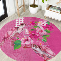 Hawaii Aloha Turtle Hibiscus and Leaves Round Carpet with Polynesian and Kakau Tattoos Rose Color - Polynesian Pride
