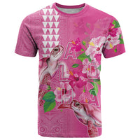Hawaii Aloha Turtle Hibiscus and Leaves T Shirt with Polynesian and Kakau Tattoos Rose Color - Polynesian Pride