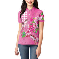 Hawaii Aloha Turtle Hibiscus and Leaves Women Polo Shirt with Polynesian and Kakau Tattoos Rose Color - Polynesian Pride