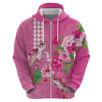 Hawaii Aloha Turtle Hibiscus and Leaves Zip Hoodie with Polynesian and Kakau Tattoos Rose Color - Polynesian Pride
