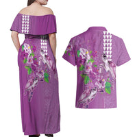 Hawaii Aloha Turtle Hibiscus and Leaves Couples Matching Off Shoulder Maxi Dress and Hawaiian Shirt with Polynesian and Kakau Tattoos Lilac Color - Polynesian Pride