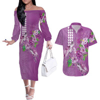 Hawaii Aloha Turtle Hibiscus and Leaves Couples Matching Off The Shoulder Long Sleeve Dress and Hawaiian Shirt with Polynesian and Kakau Tattoos Lilac Color - Polynesian Pride