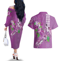 Hawaii Aloha Turtle Hibiscus and Leaves Couples Matching Off The Shoulder Long Sleeve Dress and Hawaiian Shirt with Polynesian and Kakau Tattoos Lilac Color - Polynesian Pride