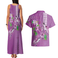 Hawaii Aloha Turtle Hibiscus and Leaves Couples Matching Tank Maxi Dress and Hawaiian Shirt with Polynesian and Kakau Tattoos Lilac Color - Polynesian Pride
