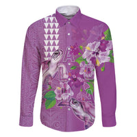 Hawaii Aloha Turtle Hibiscus and Leaves Family Matching Long Sleeve Bodycon Dress and Hawaiian Shirt with Polynesian and Kakau Tattoos Lilac Color - Polynesian Pride