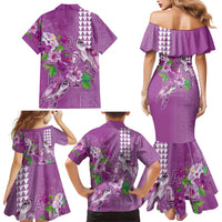 Hawaii Aloha Turtle Hibiscus and Leaves Family Matching Mermaid Dress and Hawaiian Shirt with Polynesian and Kakau Tattoos Lilac Color - Polynesian Pride