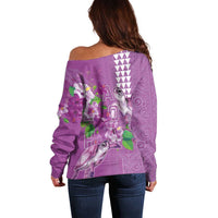 Hawaii Aloha Turtle Hibiscus and Leaves Off Shoulder Sweater with Polynesian and Kakau Tattoos Lilac Color - Polynesian Pride