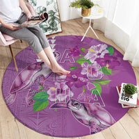 Hawaii Aloha Turtle Hibiscus and Leaves Round Carpet with Polynesian and Kakau Tattoos Lilac Color - Polynesian Pride