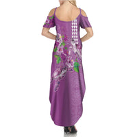 Hawaii Aloha Turtle Hibiscus and Leaves Summer Maxi Dress with Polynesian and Kakau Tattoos Lilac Color - Polynesian Pride