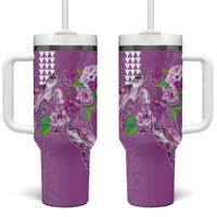 Hawaii Aloha Turtle Hibiscus and Leaves Tumbler With Handle with Polynesian and Kakau Tattoos Lilac Color - Polynesian Pride