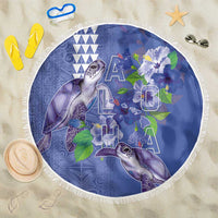 Hawaii Aloha Turtle Hibiscus and Leaves Beach Blanket with Polynesian and Kakau Tattoos Denim Color - Polynesian Pride