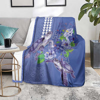 Hawaii Aloha Turtle Hibiscus and Leaves Blanket with Polynesian and Kakau Tattoos Denim Color - Polynesian Pride