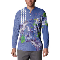 Hawaii Aloha Turtle Hibiscus and Leaves Button Sweatshirt with Polynesian and Kakau Tattoos Denim Color - Polynesian Pride