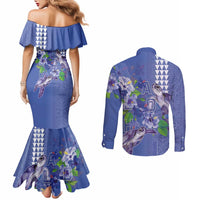 Hawaii Aloha Turtle Hibiscus and Leaves Couples Matching Mermaid Dress and Long Sleeve Button Shirt with Polynesian and Kakau Tattoos Denim Color - Polynesian Pride