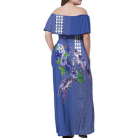 Hawaii Aloha Turtle Hibiscus and Leaves Family Matching Off Shoulder Maxi Dress and Hawaiian Shirt with Polynesian and Kakau Tattoos Denim Color - Polynesian Pride