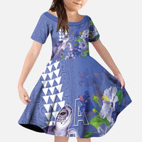Hawaii Aloha Turtle Hibiscus and Leaves Family Matching Short Sleeve Bodycon Dress and Hawaiian Shirt with Polynesian and Kakau Tattoos Denim Color - Polynesian Pride