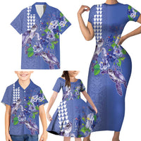 Hawaii Aloha Turtle Hibiscus and Leaves Family Matching Short Sleeve Bodycon Dress and Hawaiian Shirt with Polynesian and Kakau Tattoos Denim Color - Polynesian Pride