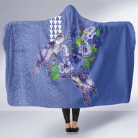 Hawaii Aloha Turtle Hibiscus and Leaves Hooded Blanket with Polynesian and Kakau Tattoos Denim Color - Polynesian Pride