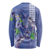 Hawaii Aloha Turtle Hibiscus and Leaves Long Sleeve Shirt with Polynesian and Kakau Tattoos Denim Color - Polynesian Pride