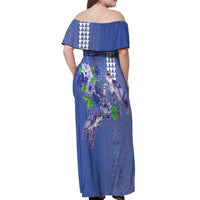 Hawaii Aloha Turtle Hibiscus and Leaves Off Shoulder Maxi Dress with Polynesian and Kakau Tattoos Denim Color - Polynesian Pride