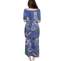 Hawaii Aloha Turtle Hibiscus and Leaves Puletasi with Polynesian and Kakau Tattoos Denim Color - Polynesian Pride