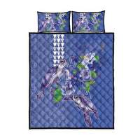 Hawaii Aloha Turtle Hibiscus and Leaves Quilt Bed Set with Polynesian and Kakau Tattoos Denim Color - Polynesian Pride