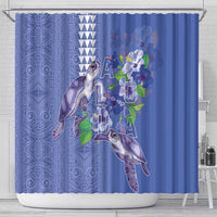 Hawaii Aloha Turtle Hibiscus and Leaves Shower Curtain with Polynesian and Kakau Tattoos Denim Color - Polynesian Pride