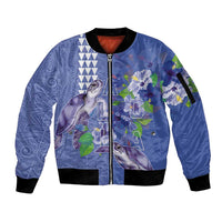 Hawaii Aloha Turtle Hibiscus and Leaves Sleeve Zip Bomber Jacket with Polynesian and Kakau Tattoos Denim Color - Polynesian Pride