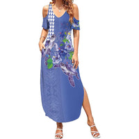 Hawaii Aloha Turtle Hibiscus and Leaves Summer Maxi Dress with Polynesian and Kakau Tattoos Denim Color - Polynesian Pride