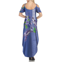 Hawaii Aloha Turtle Hibiscus and Leaves Summer Maxi Dress with Polynesian and Kakau Tattoos Denim Color - Polynesian Pride