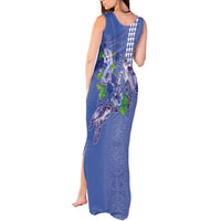 Hawaii Aloha Turtle Hibiscus and Leaves Tank Maxi Dress with Polynesian and Kakau Tattoos Denim Color - Polynesian Pride