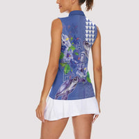 Hawaii Aloha Turtle Hibiscus and Leaves Women Sleeveless Polo Shirt with Polynesian and Kakau Tattoos Denim Color - Polynesian Pride