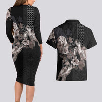 Hawaii Aloha Turtle Hibiscus and Leaves Couples Matching Long Sleeve Bodycon Dress and Hawaiian Shirt with Polynesian and Kakau Tattoos Black Color - Polynesian Pride