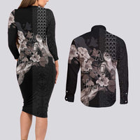 Hawaii Aloha Turtle Hibiscus and Leaves Couples Matching Long Sleeve Bodycon Dress and Long Sleeve Button Shirt with Polynesian and Kakau Tattoos Black Color - Polynesian Pride